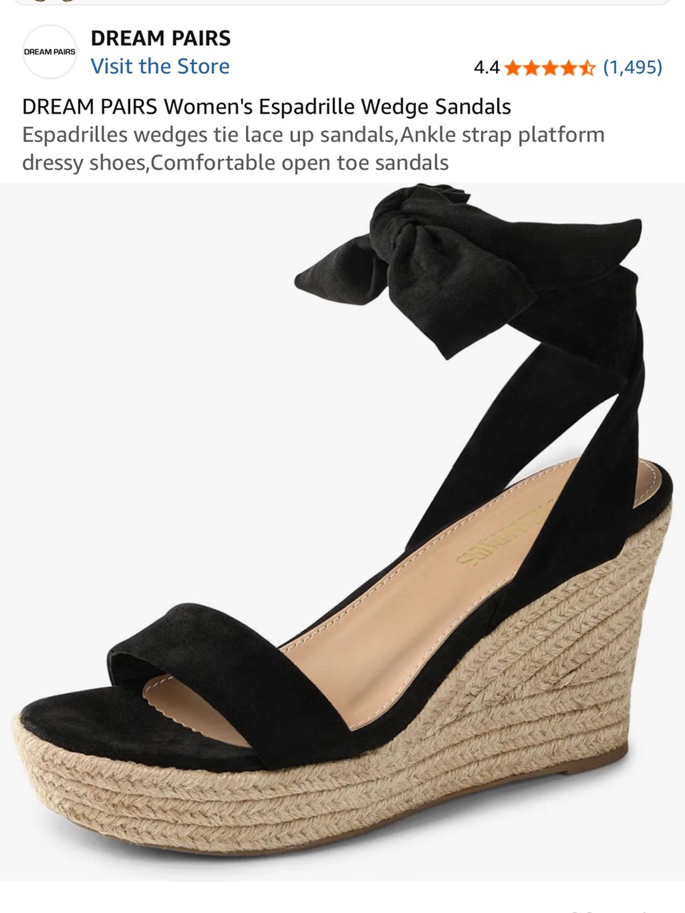 Dream Pairs Black Espadrille Wedge Sandals with Ankle Tie
